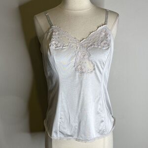 Vintage 80s Dixie Belle Size 36 Icy Blue Satin Nylon Camisole Lace Lingerie Top